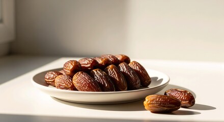 Premium quality dates neatly stacked on a white ceramic plate with soft natural window light and minimal background. Clean
