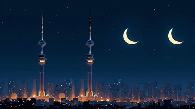 Kuala Lumpur cityscape at night with moon.