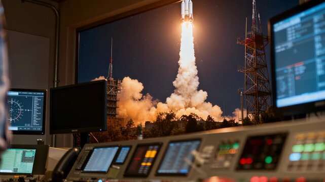 A hand presses a red launch button in a control room as a powerful rocket blasts off into the night sky.