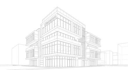 Modern Coworking Space Building: Architectural Blueprint Wireframe Outline Sketch
