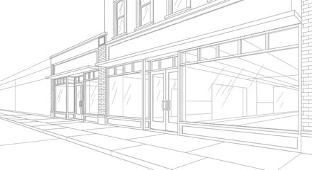 Fototapeta premium Architectural Storefront Line Drawing Illustration. Blank Retail Shop Facade Outline Sketch Template on City Sidewalk. Perspective View for Design Mockup.