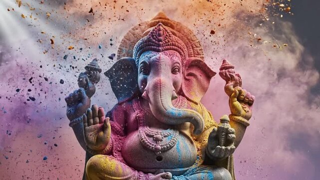 Cinematic slow motion video of a statue of Lord Ganesha standing gracefully as vibrant clouds of colorful powder inspired by Holi gently collide with the statue pink yellow blue purple and orange powd