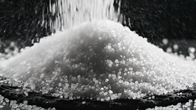 Close-up of white salt crystals pouring onto a pile.
