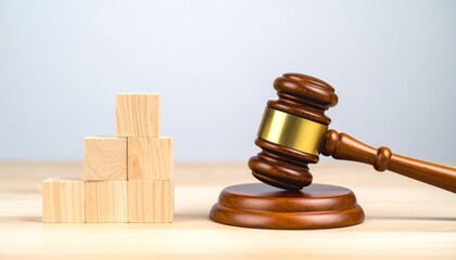 Wooden Gavel and Stacked Blocks on Table Representing Legal Concepts and Justice.
