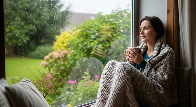 Woman enjoying a warm drink by the window on a cozy day.