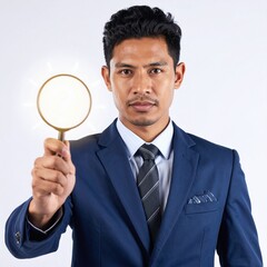 Young Businessman Holding Magnifying Glass with Bright Light.