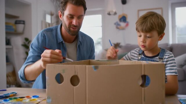 Father and son bonding over a creative painting project, decorating a cardboard box together at home.