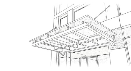 Fototapeta premium Architectural Line Drawing of Modern Building Entrance Canopy. Technical blueprint sketch of cantilevered glass awning structure and steel frame.