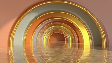 Obraz premium Abstract Interior with Golden Archways Reflecting on Water Surface Under Warm Lighting