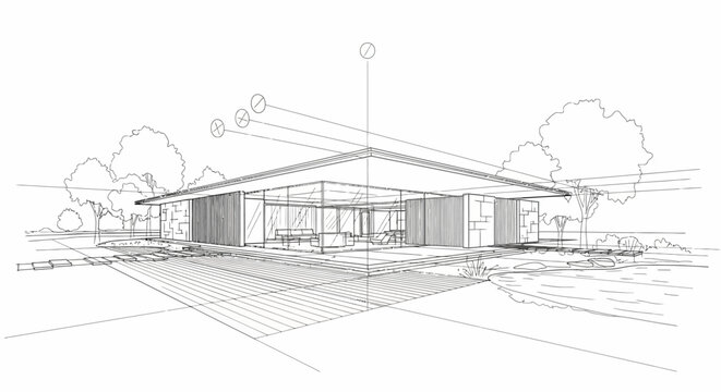 Modern House Architectural Line Drawing. Conceptual Sketch of a Minimalist Luxury Home Exterior and Landscape Design in Black and White Perspective.