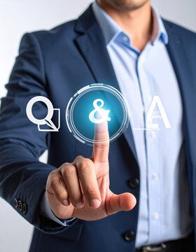 Businessman Interacting with QA Interface, Digital Question and Answer Concept.