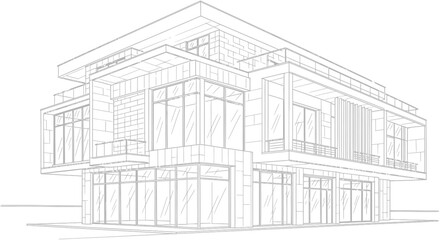 Architectural blueprint sketch of a modern luxury residential building or corporate office structure. Contemporary urban design line art concept on white background.
