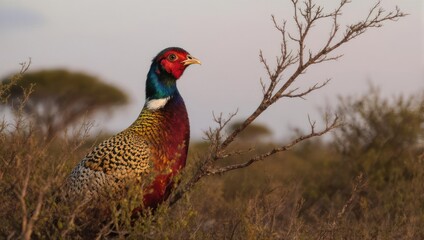 A Colorful Male Ring-Necked Pheasant Stands Proudly in a Dry Bushy Landscape.