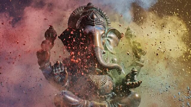 Cinematic artistic slow motion video showing Lord Ganesha statue with vibrant multicolor powder impacts inspired by Holi fine dust particles floating gracefully soft dramatic lighting emphasizing text