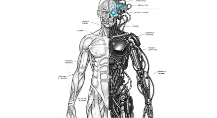 Human anatomy half robot cyborg sketch