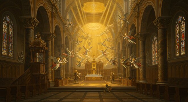 Angelic Choir in Grand Cathedral Interior &ndash; Renaissance Art, Religious Heaven Scene, Golden Light