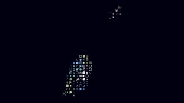 Grenada map animation. Shape of the country with pulsating colored dots. Large size rounded square blocks. Digital style Grenada map on dark background. Modern video.