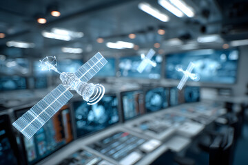 Models of satellites in a control room show the design process for space missions at a research facility in the evening
