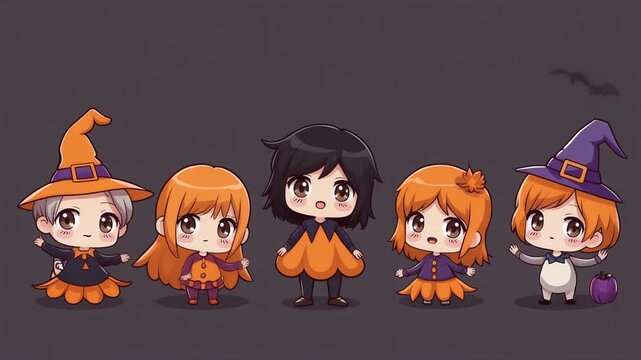 Five adorable chibi girls dressed in various Halloween costumes with witches' hats and pumpkin outfits.
