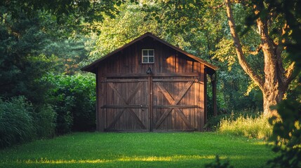 A small wooden building with a garage door