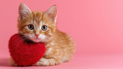 Obraz premium Adorable ginger kitten with red heart on pink background.