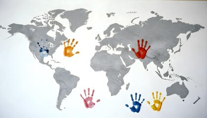 Obraz premium A textured world map with handprints, reflecting the artist's creative process and the vibrant colors of their work