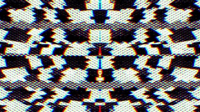 Abstract Digital Glitch Background, Retro VHS Distortion and Pixelated Geometric Pattern. Vibrant digital glitch checkerboard pattern features black and white squares with colorful anaglyph borders