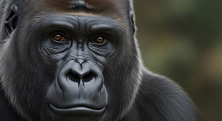 Obraz premium A close-up portrait of a gorilla's face with a serious expression, showcasing its facial features and fur texture in a natural setting