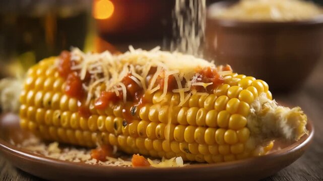Captivating 4k view of perfectly cooked corn on the cob, generously topped with vibrant red sauce and a cascade of freshly grated cheese, highlighting a delicious, rustic homemade culinary delight