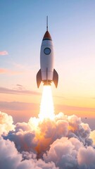 Rocket Launching into Sky with Clouds and Sunlight.