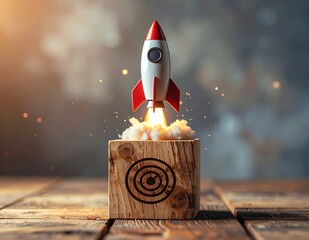 Rocket Launching from Wooden Block with Target Symbol.
