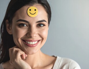 Smiling Woman with Smiley Face Sticker on Forehead.