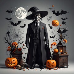 Spooky Halloween Scene with Skeleton in Witch Hat, Pumpkins, Bats, and Full Moon.