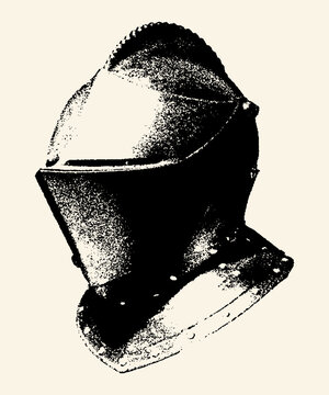 Detailed vintage illustration of a knight's helmet from a historical or fantasy context, symbolizing chivalry, warfare, protection, and medieval times. Black ink on beige.