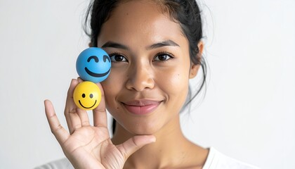 Young Woman Holding Stack of Smiley Face Stress Balls.