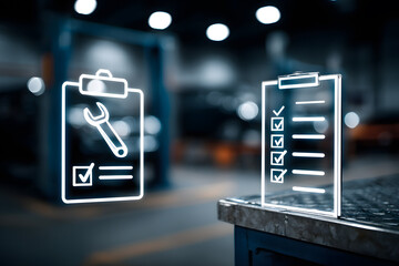 Checklists and tools are ready for service in a repair shop during the day with overhead lights shining on work areas