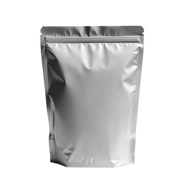 Blank Silver Foil Pouch Bag with Zipper, Food Packaging Mockup isolated on transparent background