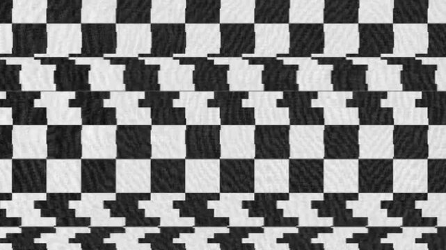 Vibrant digital glitch checkerboard pattern features black and white squares with colorful anaglyph borders creating a modern abstract background