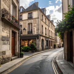 Fototapeta premium Charming Cobblestone Street in Historic French Town with Traditional Architecture.