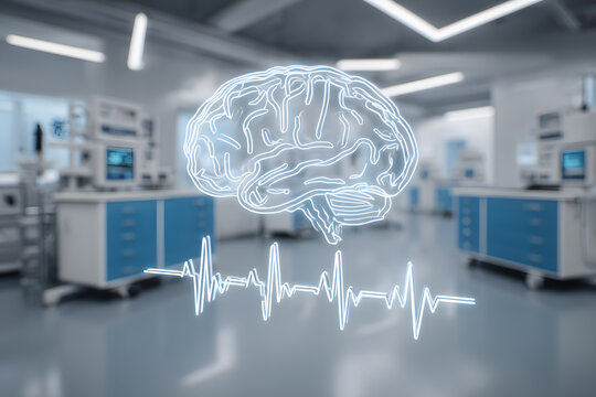 Brain with heartbeat line shown in modern medical facility during daytime hours