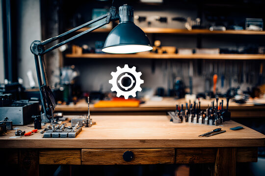Workshop table with tools and lamp for crafting and repairs during daylight hours