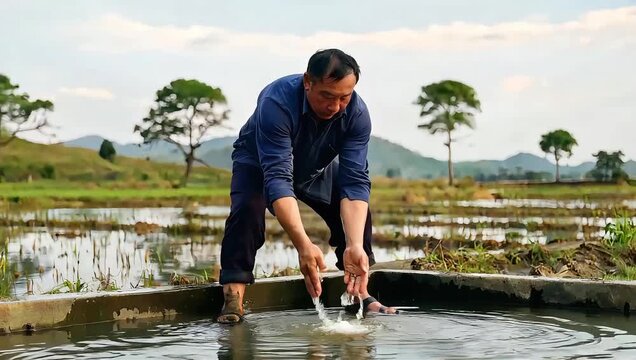 Man In Blue Shirt Carefully Handles Tiny Fish In Rural Paddy Field.