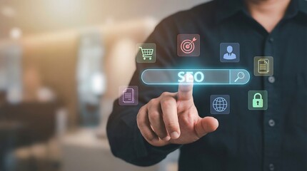 Naklejka premium This image illustrates the concept of SEO and digital marketing, with a hand touching a search bar surrounded by various relevant icons. It represents online presence and business growth.