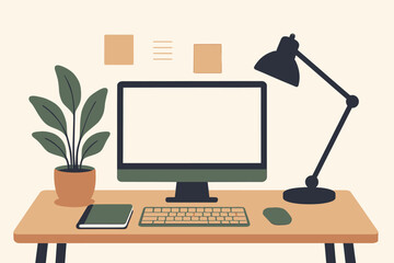 Modern Home Office Setup with Computer and Desk Lamp.