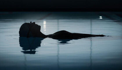 Calm silhouette in pool suitable for relaxation, mindfulness, leisure, vacation, summer, swimming, wellness, serenity, peaceful, tranquility concepts.