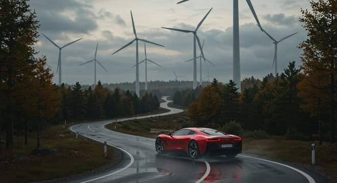 Red Corvette C8 Driving on Winding Road Amidst Autumn Trees & Wind Turbines