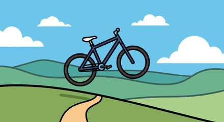 Obraz premium Mountain Bike on Green Hilltop Trail.