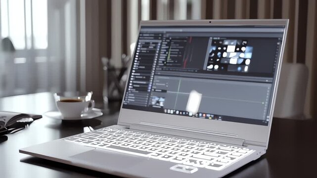 Laptop on desk with video editing software.