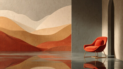 Modern minimalist interior design featuring a vibrant orange armchair against a textured abstract desert mural with rolling ochre and terracotta hills and a reflective floor.
