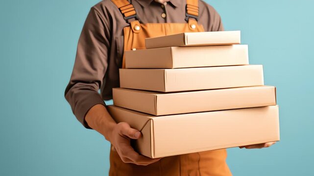 Man holding stack of cardboard boxes.